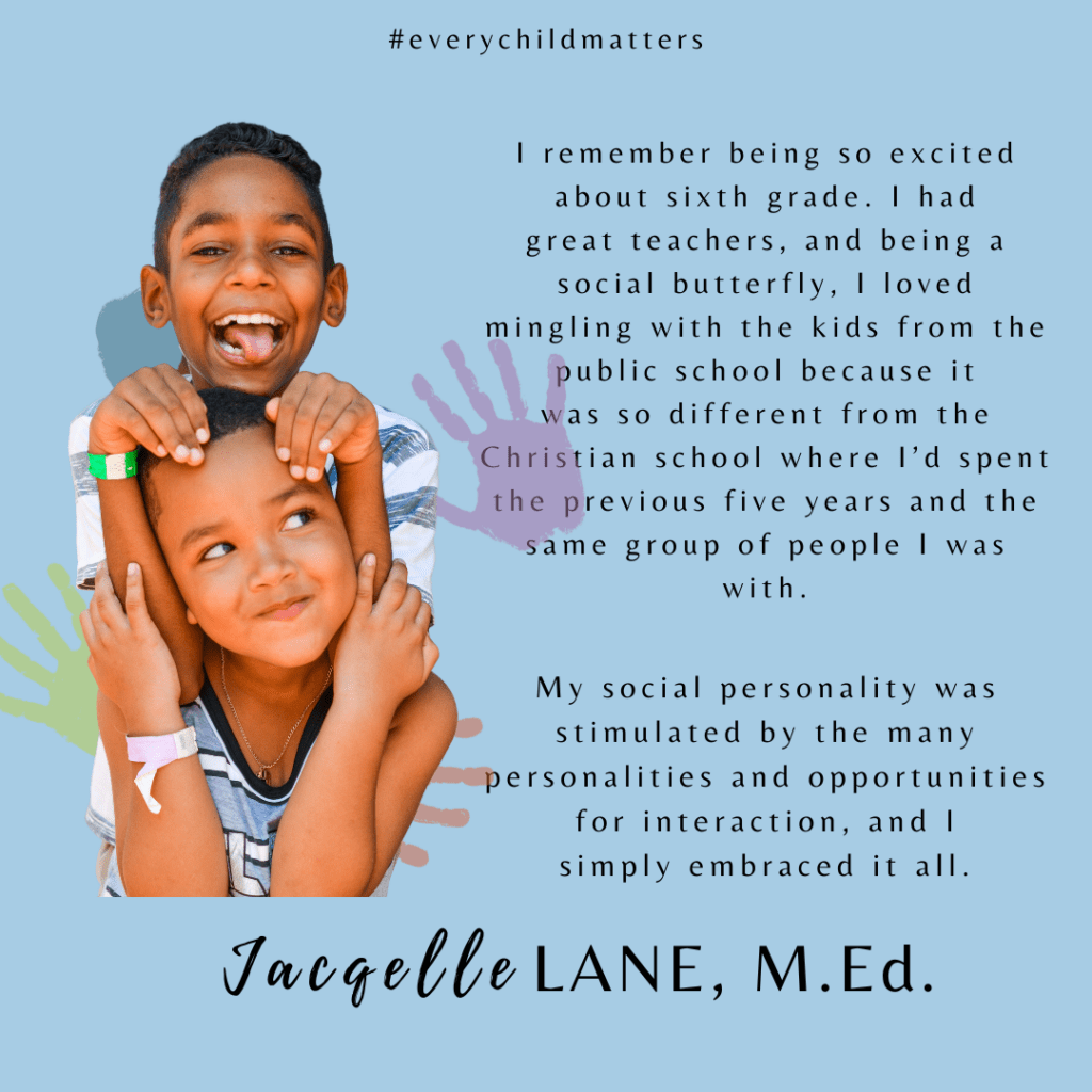 Quote from Jacqelle Lane it features a close up of group of children on light blue background- jacqelle lane