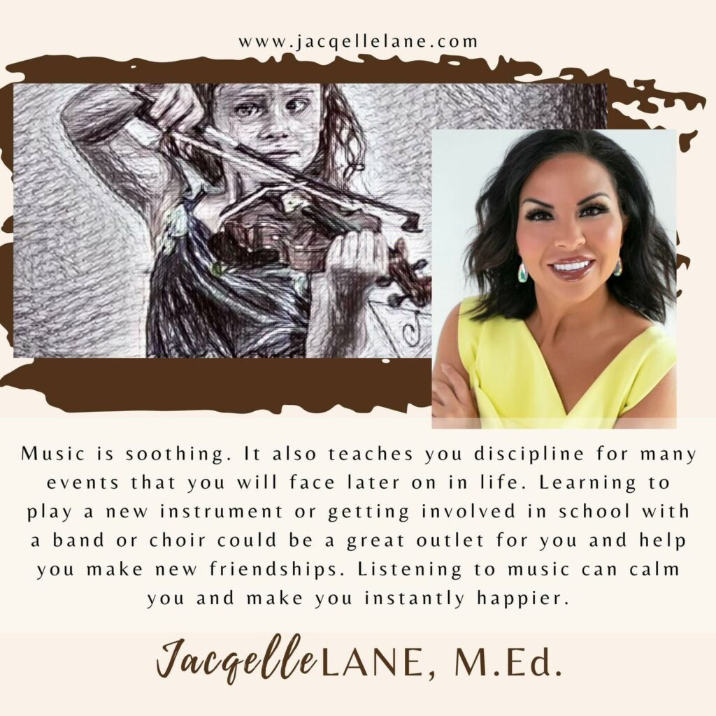 Quote from Jacqelle Lane it features her photo on the right with a graphic of a girl playing the violin on the left - jacqelle lane